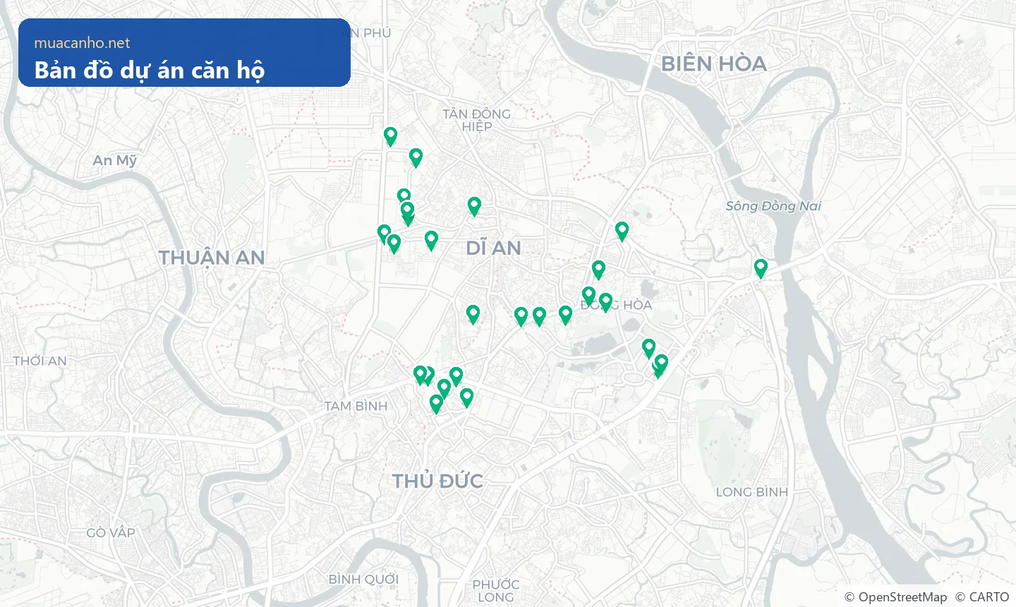 Bản đồ vị trí các dự án căn hộ khu Dĩ An (Bình Dương cũ) — muacanho.net