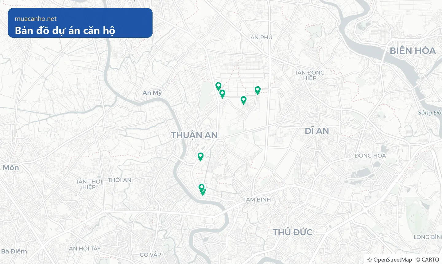 Bản đồ vị trí các dự án căn hộ đang bán tại phường Bình Hòa — muacanho.net
