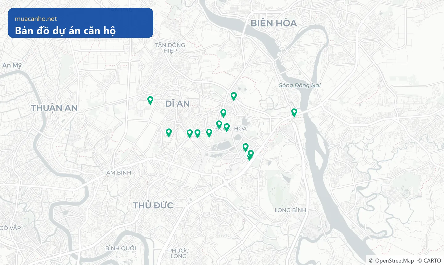 Bản đồ vị trí các dự án căn hộ đang bán tại phường Đông Hòa — muacanho.net