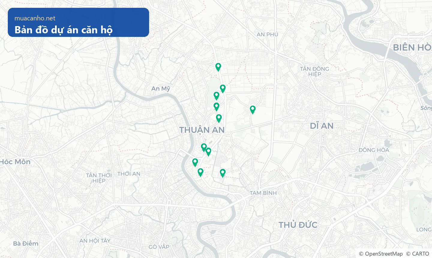 Bản đồ vị trí các dự án căn hộ đang bán tại phường Lái Thiêu — muacanho.net