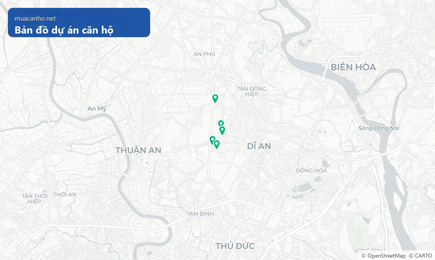 Bản đồ vị trí các dự án căn hộ đang bán tại phường Tân Đông Hiệp — muacanho.net