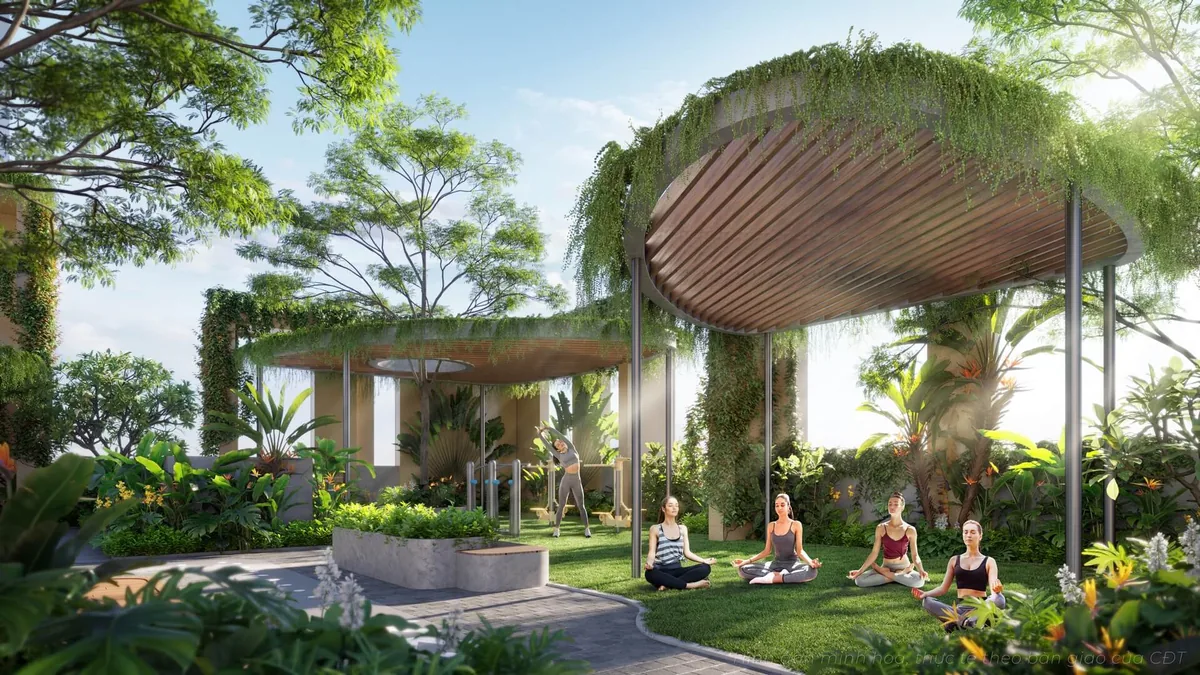 Vườn trên không Sky Garden với giàn hoa leo và khu yoga thiền định, tiện ích đặc trưng — căn hộ A&T Sky Garden