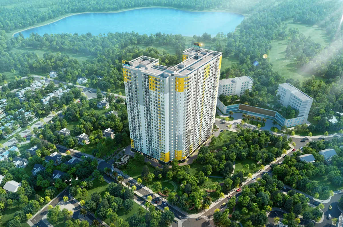 Phối cảnh tháp Green Topaz dự án Bcons City nhìn từ trên cao, phía sau là hồ nước và mảng xanh Đông Hòa, Dĩ An — căn hộ Bcons City