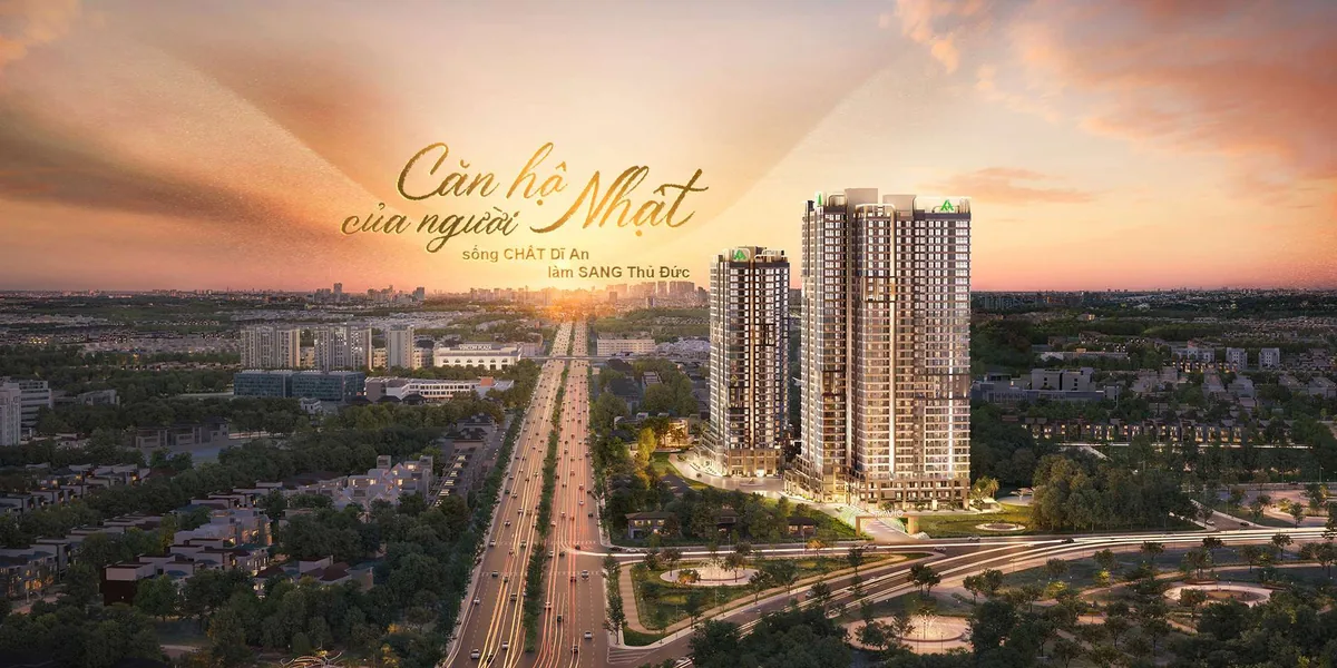 Key visual TT AVIO: phối cảnh các tháp căn hộ bên đại lộ và Vincom Dĩ An lúc hoàng hôn, slogan Căn hộ của người Nhật — căn hộ TT AVIO